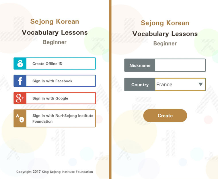 Création du compte de l'appli Sejong Korean Vocab Basic 