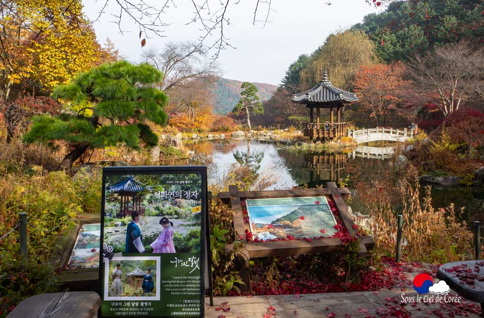 Jardin de l'étang et son pavillon traditionnel coréen au Jardin du Matin calme en Corée du Sud